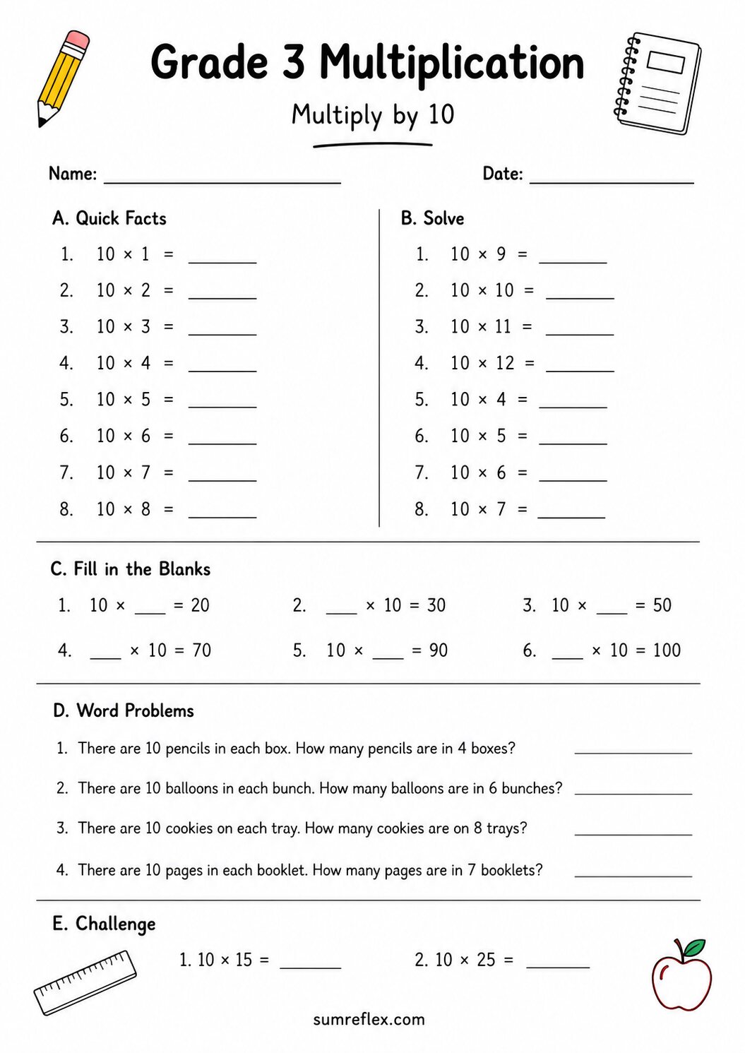 Grade 3 multiplication by 10 worksheet with ten-table facts and answer blanks
