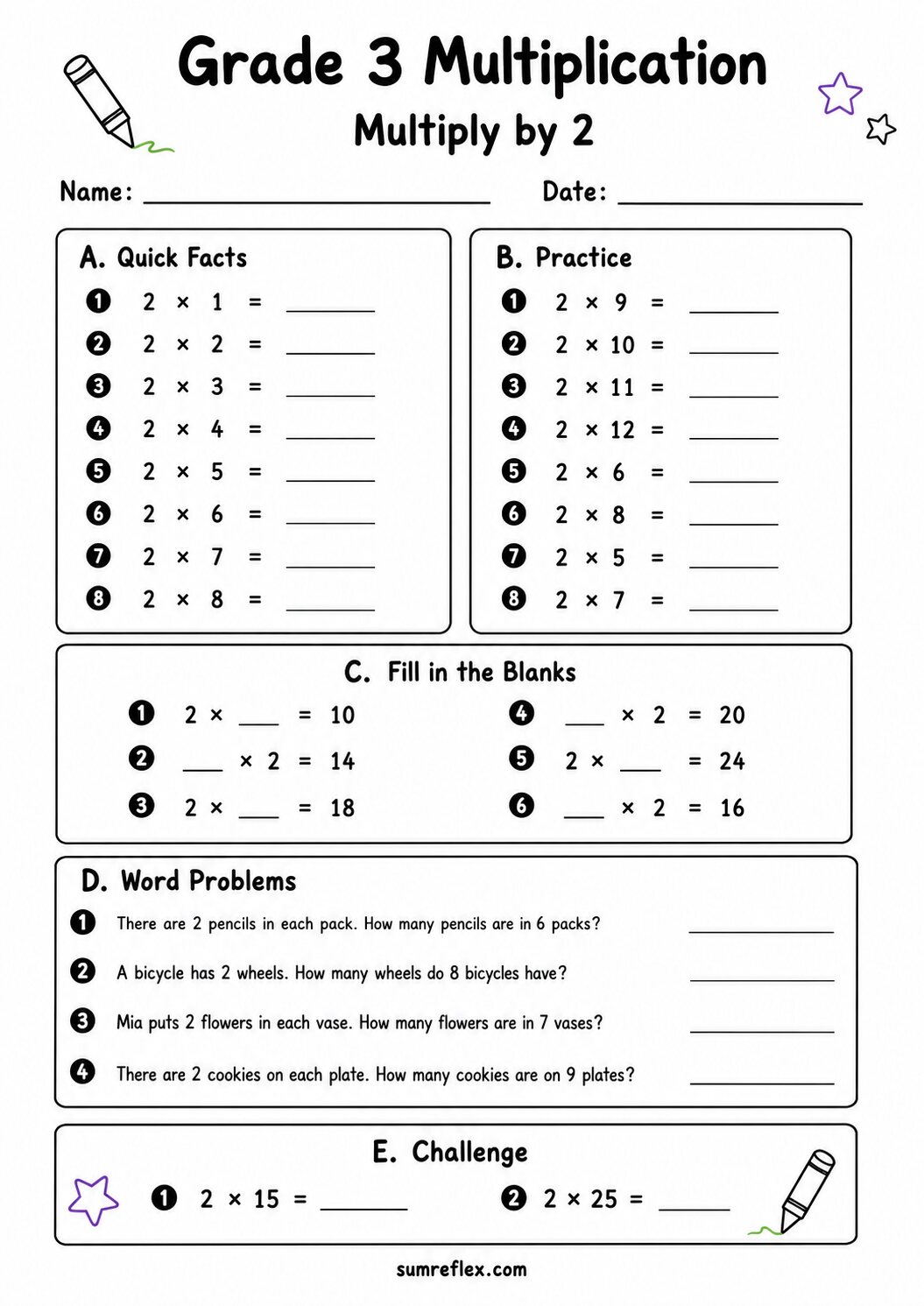 Grade 3 multiplication by 2 worksheet with facts, blanks, word problems, and challenge questions