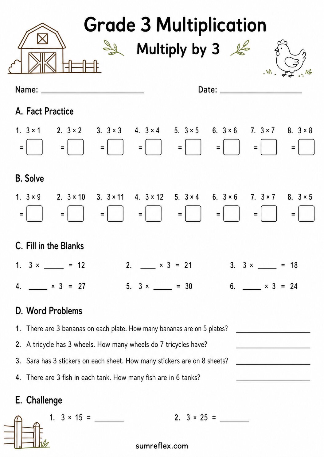 Grade 3 multiplication by 3 worksheet with three-times facts and missing products