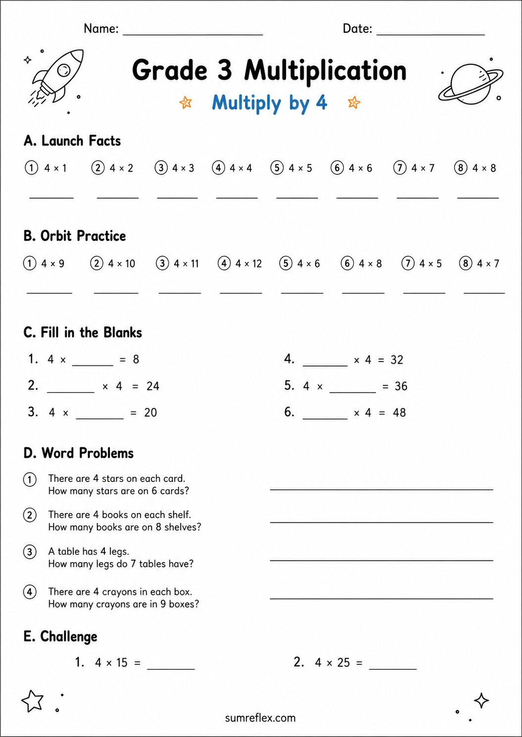 Grade 3 multiplication by 4 worksheet with facts and word problem sections