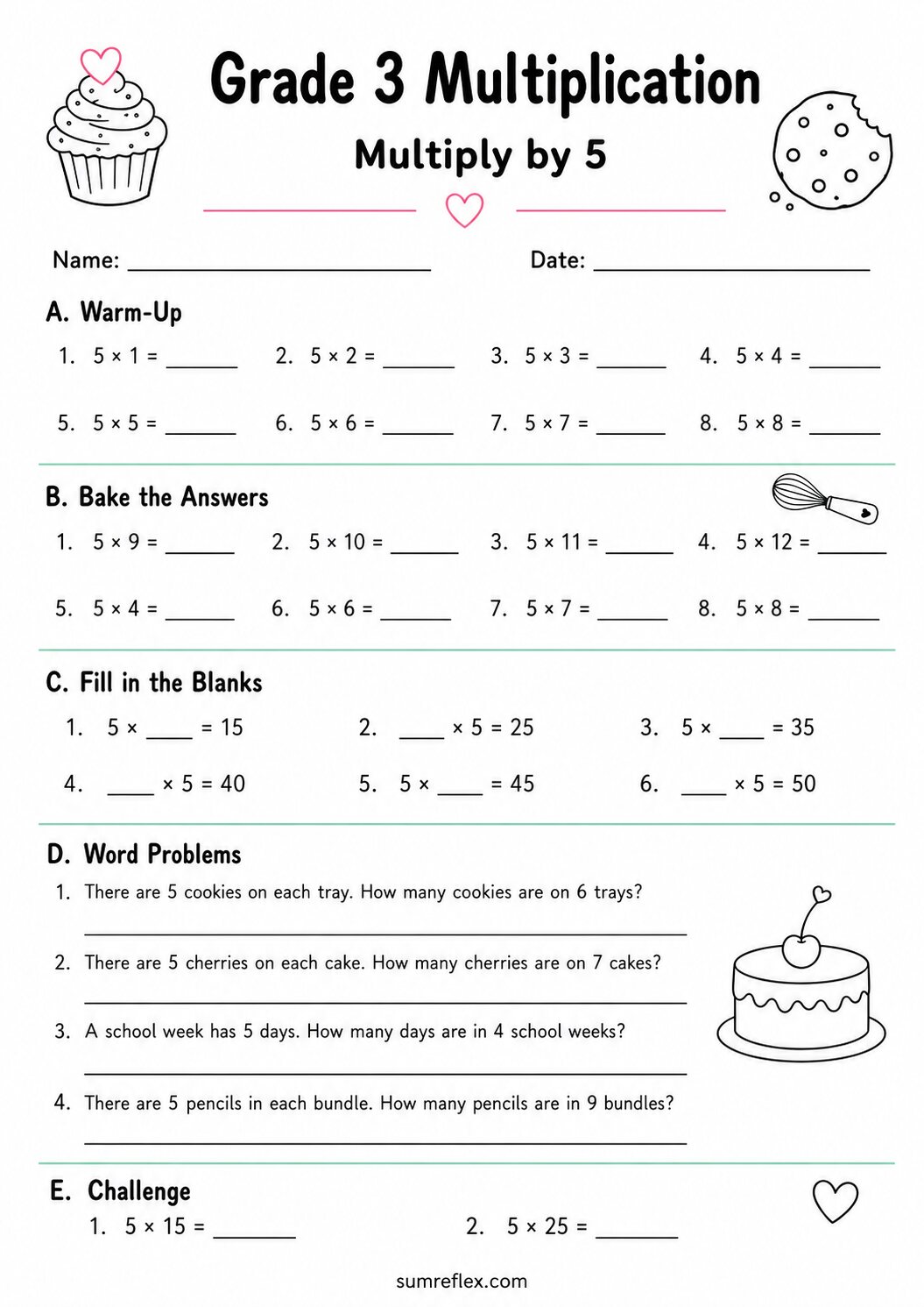 Grade 3 multiplication by 5 worksheet with five-table facts and challenge questions