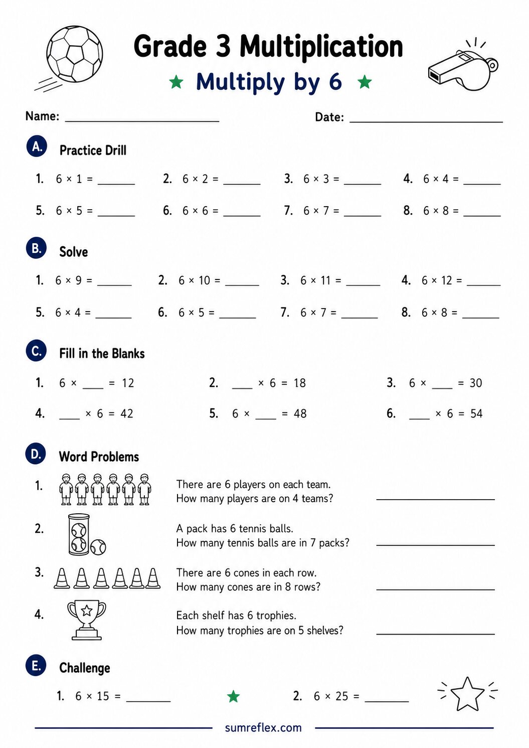 Grade 3 multiplication by 6 worksheet with facts, blanks, and word problems