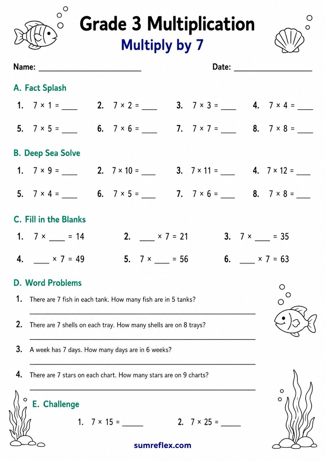 Grade 3 multiplication by 7 worksheet with product facts and challenge prompts