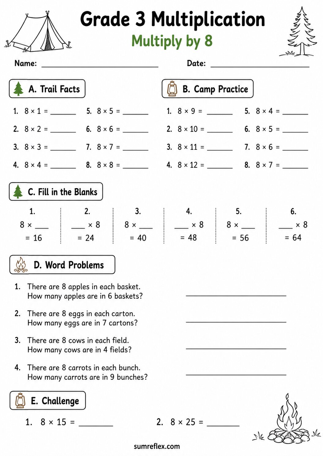 Grade 3 multiplication by 8 worksheet with facts, blanks, and word problem practice