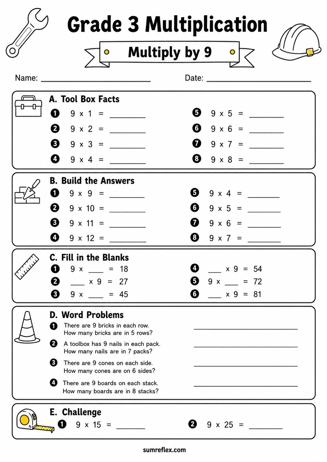 Grade 3 multiplication by 9 worksheet with nine-table facts and challenge questions