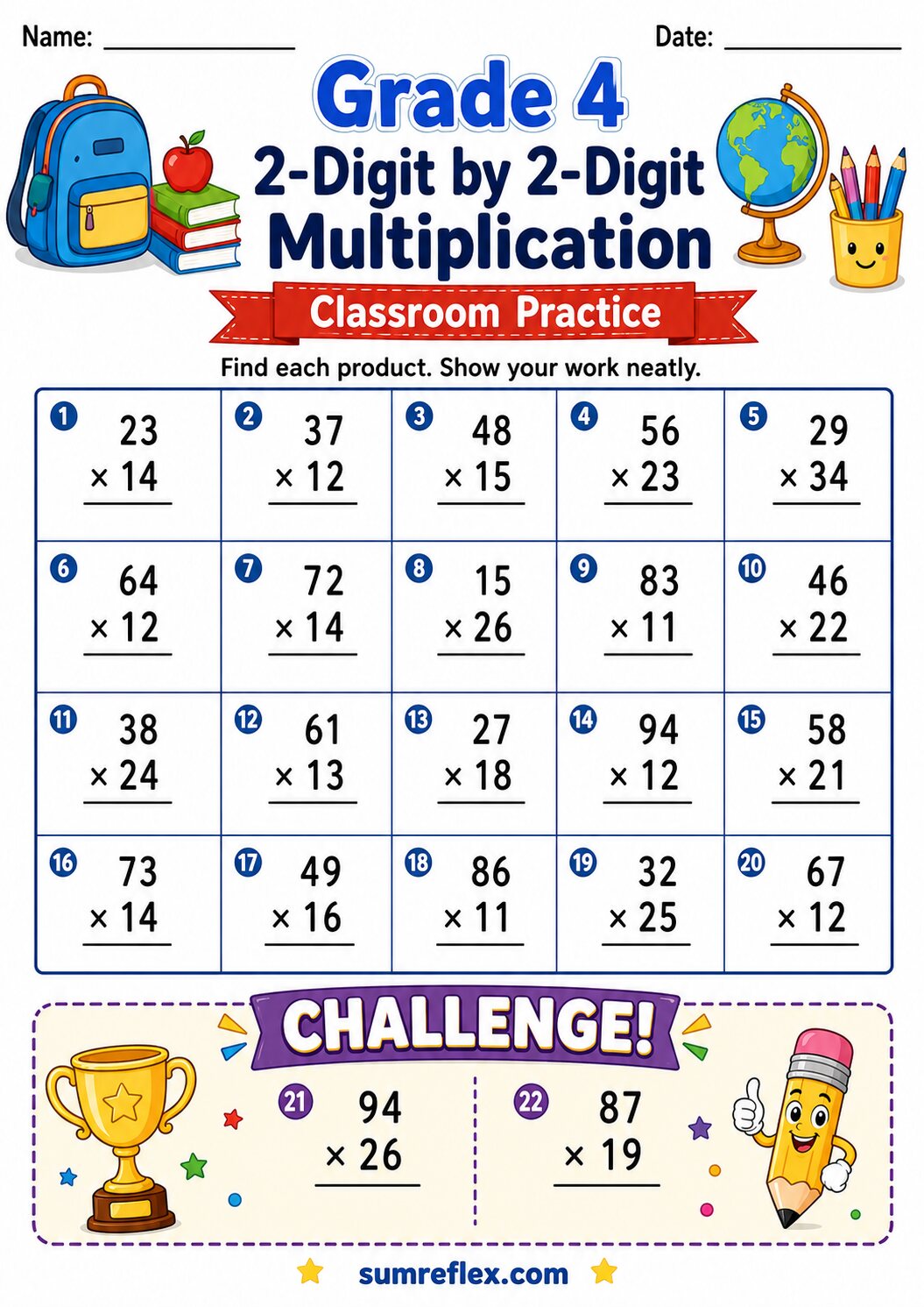 2-digit by 2-digit multiplication worksheet for Grade 4 with vertical problems and challenge questions
