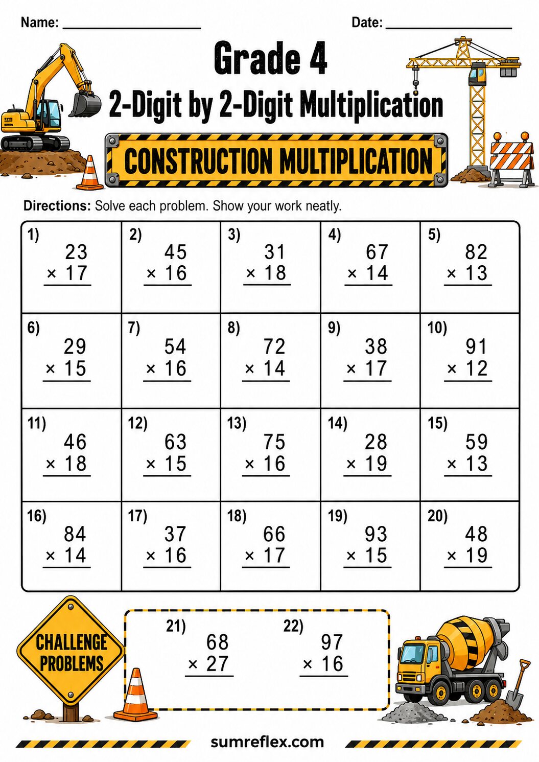 Construction themed 2-digit by 2-digit multiplication worksheet for Grade 4