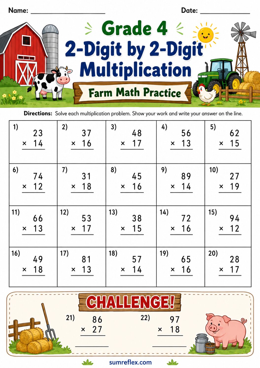Farm Grade 4 2-digit by 2-digit multiplication worksheet with vertical product work