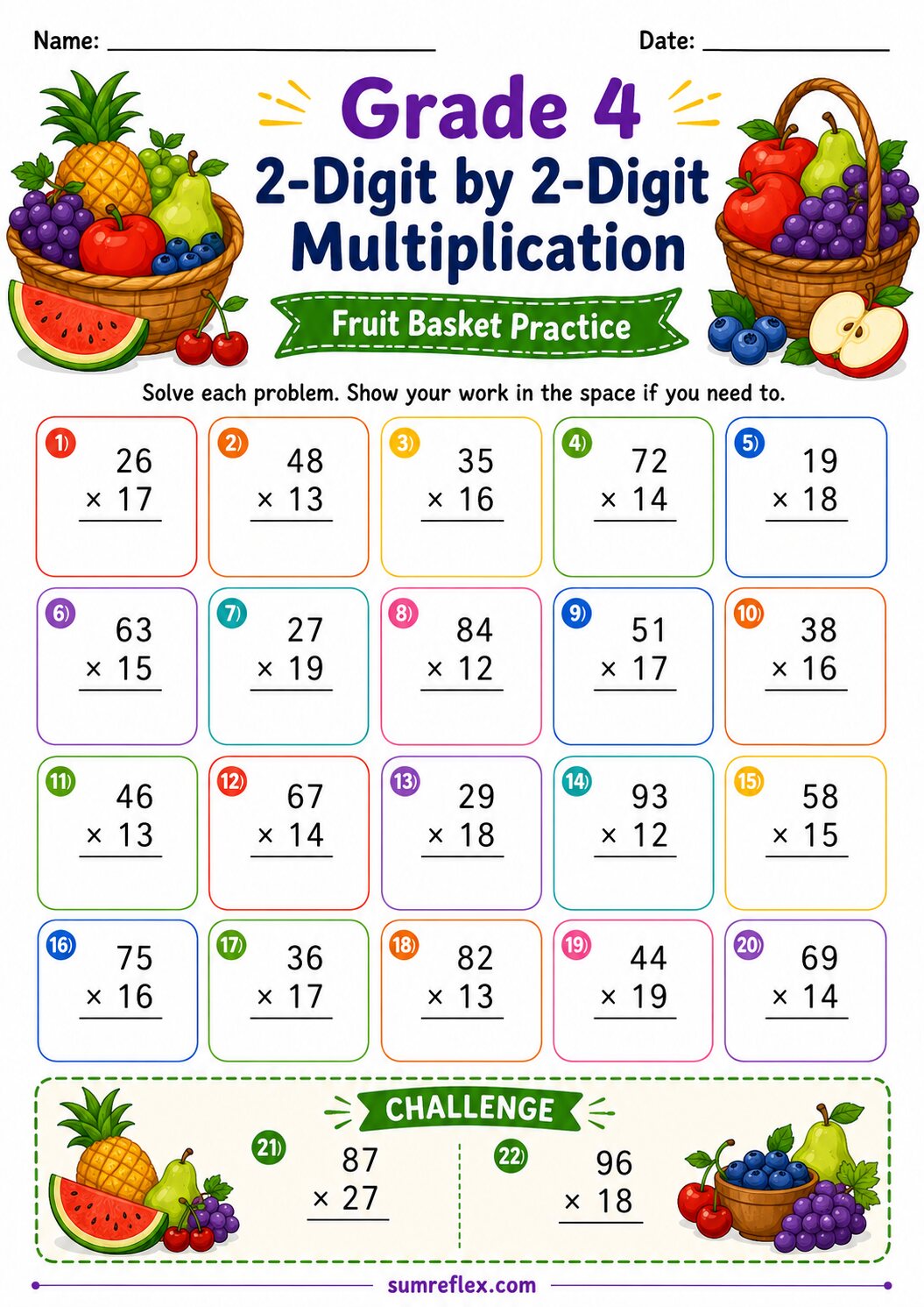 Fruit basket Grade 4 2-digit by 2-digit multiplication worksheet with product blanks