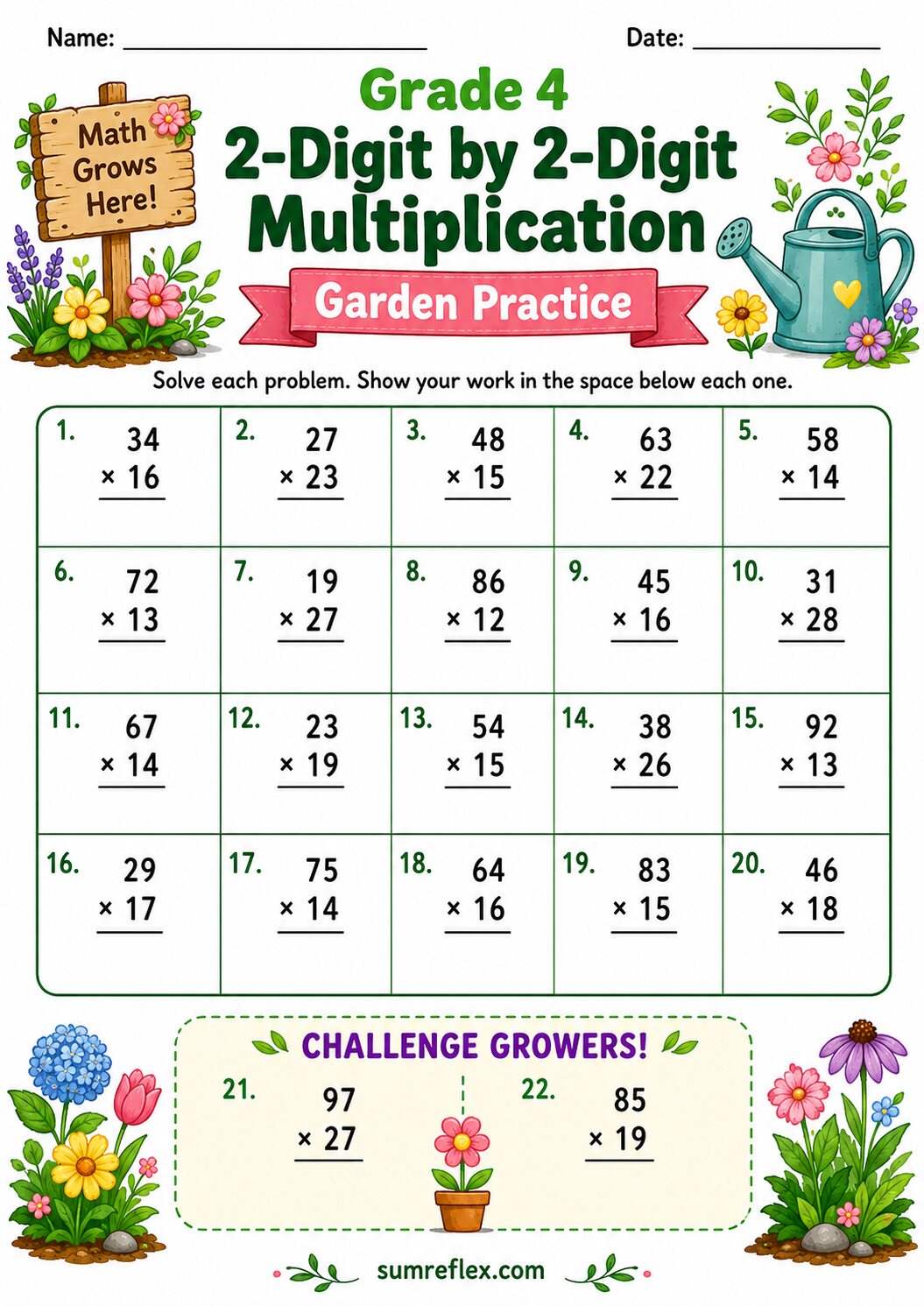 Garden themed Grade 4 worksheet for multiplying 2-digit numbers by 2-digit numbers