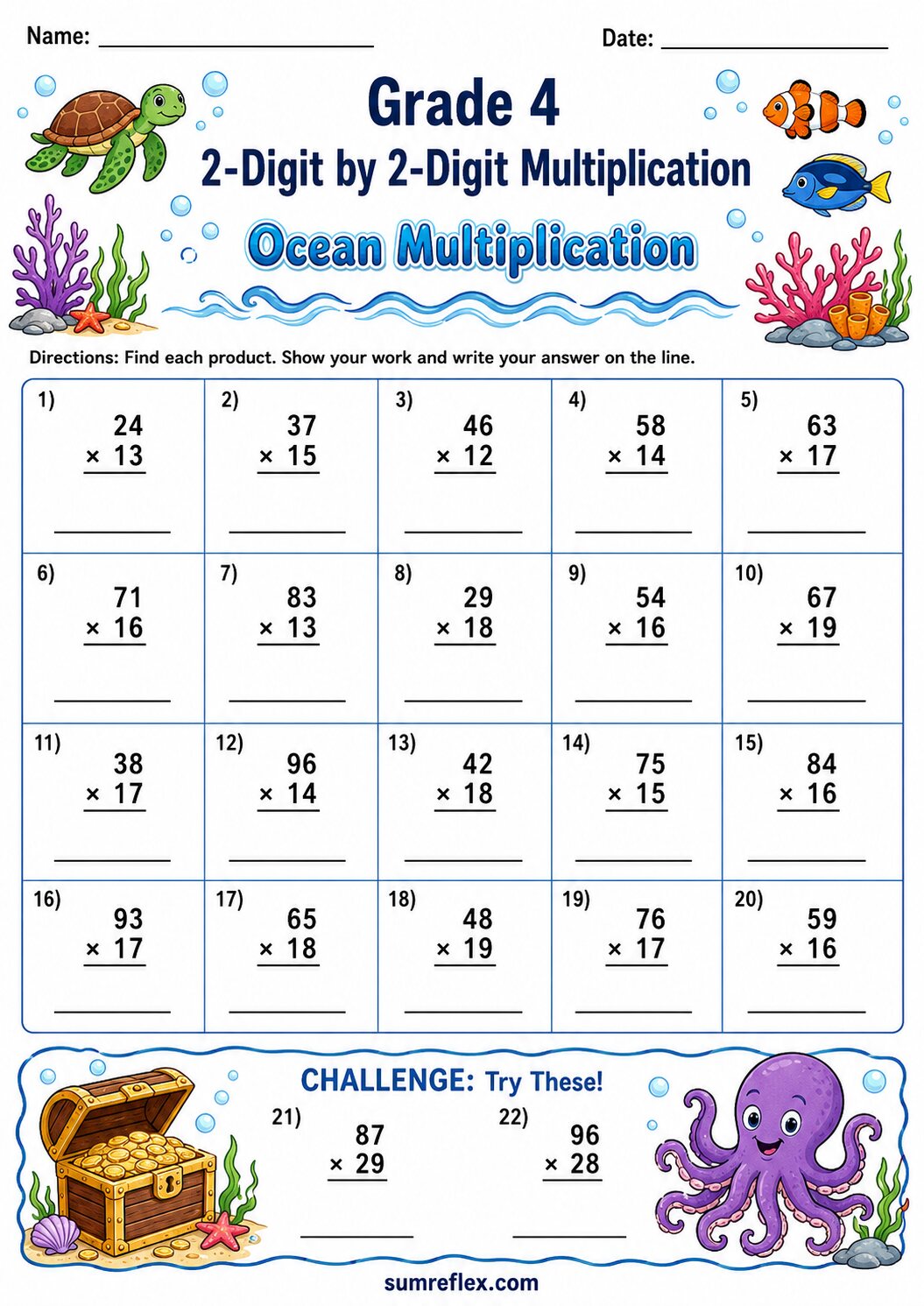 Ocean themed Grade 4 worksheet with 2-digit by 2-digit vertical multiplication problems