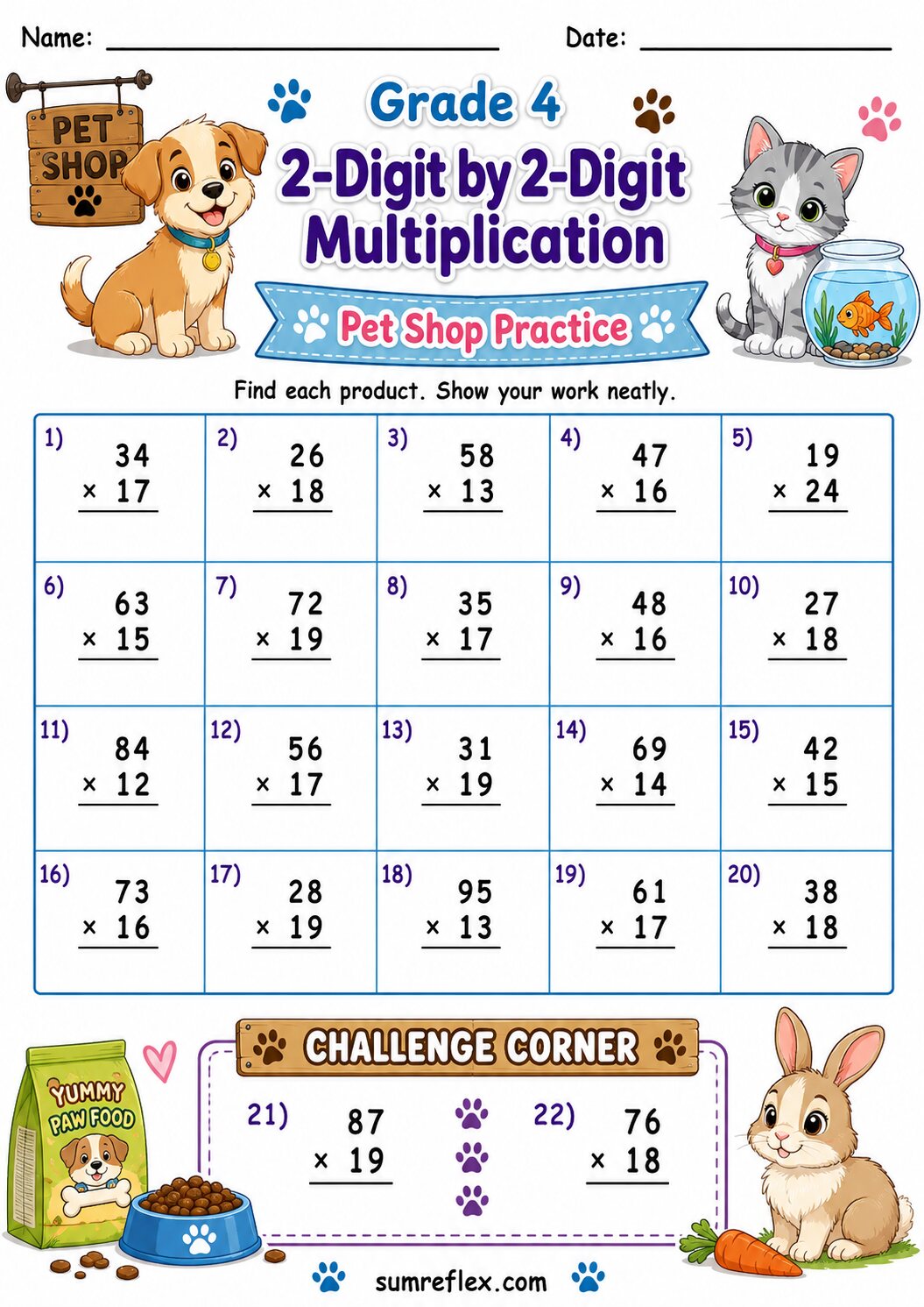 Pet shop Grade 4 multiplication worksheet with two 2-digit factors and answer areas