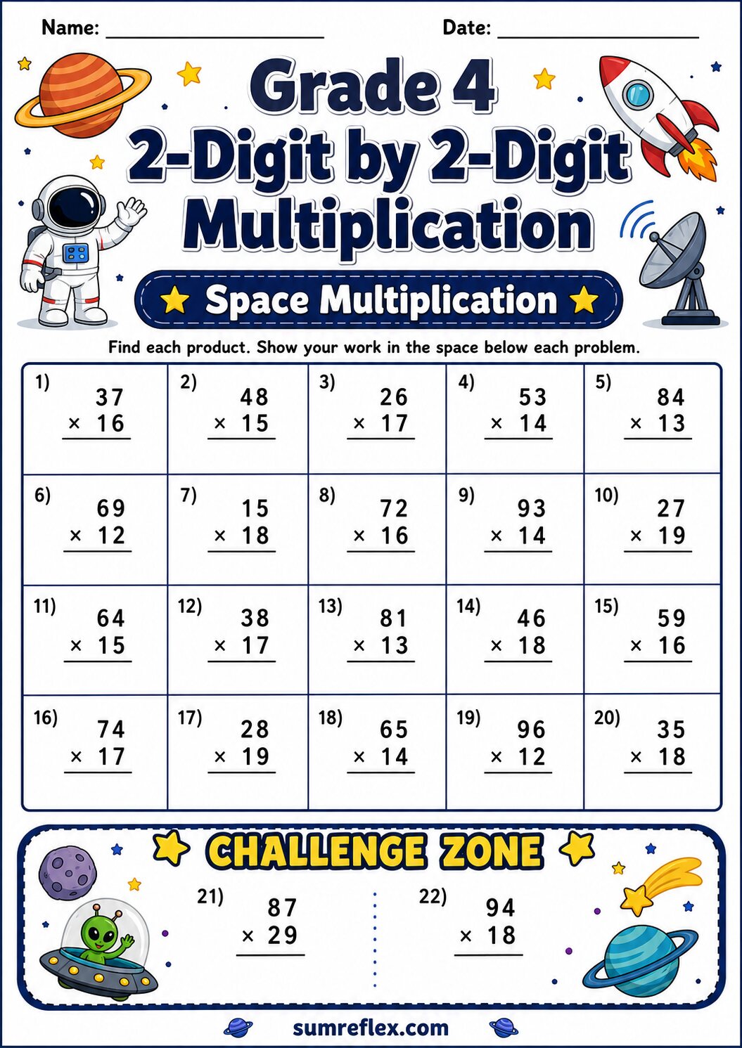 Space themed Grade 4 worksheet for multiplying two 2-digit numbers