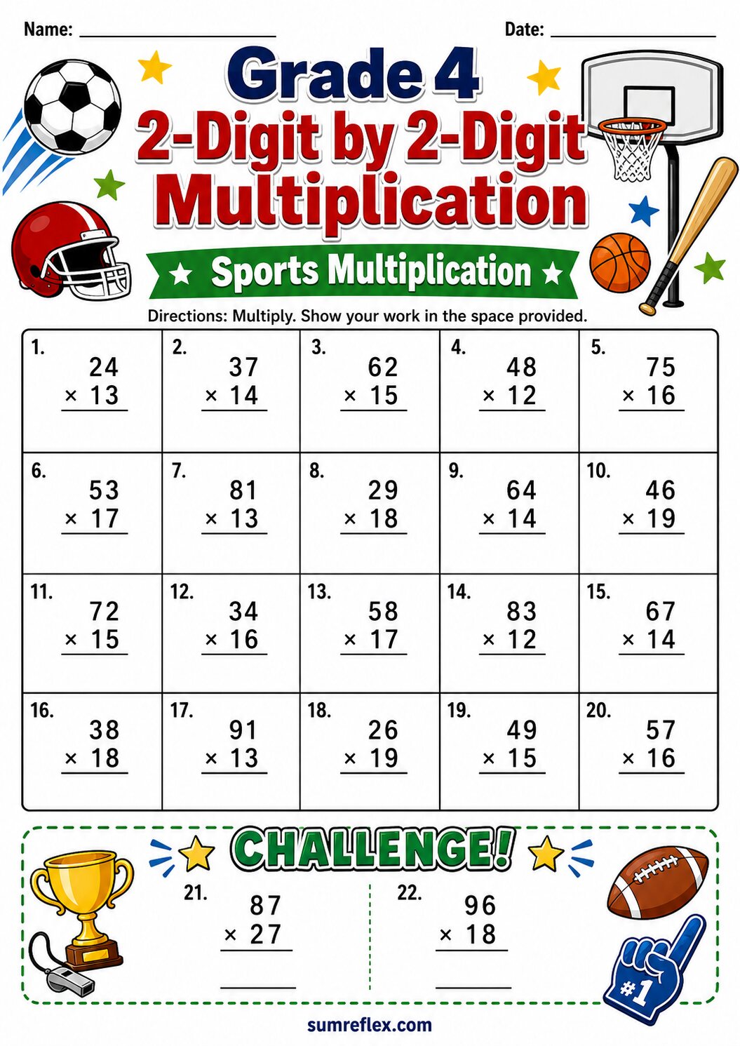 Sports themed 2-digit by 2-digit multiplication worksheet for Grade 4 students