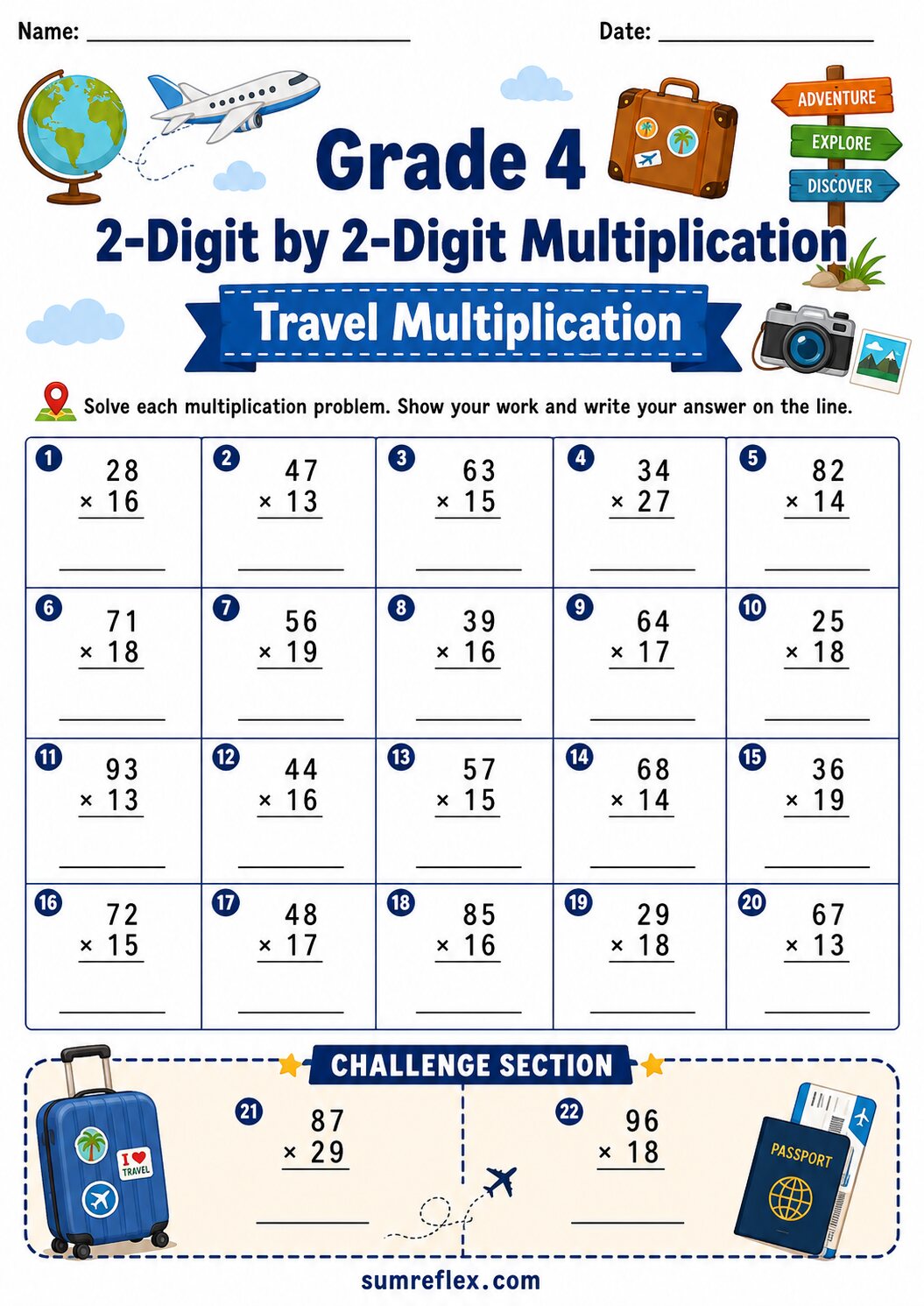 Travel themed Grade 4 2-digit by 2-digit multiplication worksheet with vertical equations