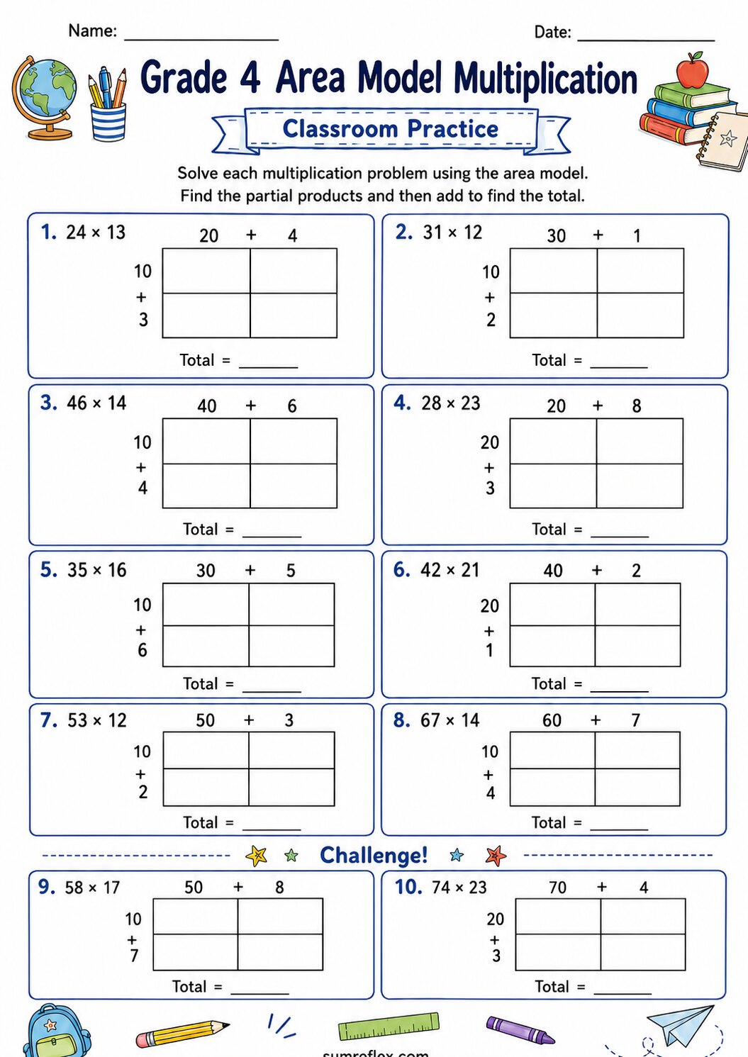 Grade 4 classroom area model multiplication worksheet with partial-product boxes