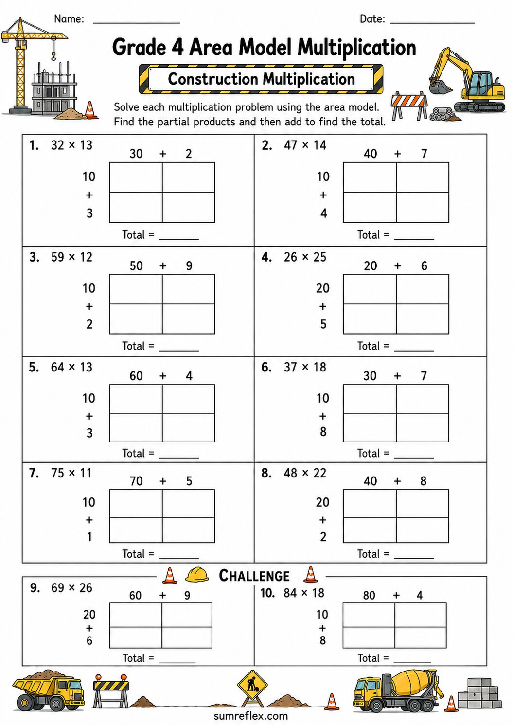 Grade 4 construction area model multiplication worksheet with split-factor boxes