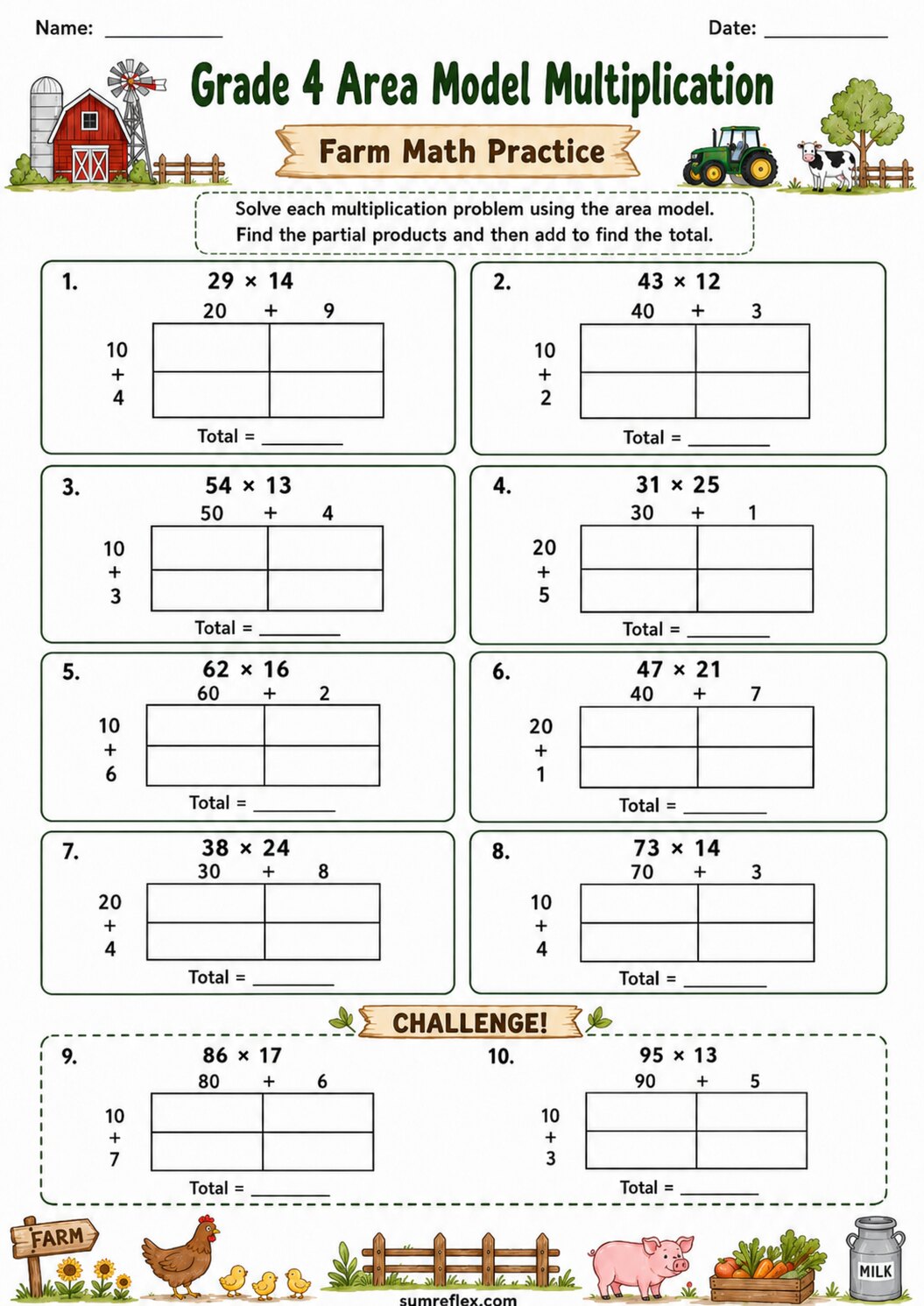 Farm area model multiplication worksheet for Grade 4 with barn visuals and grids