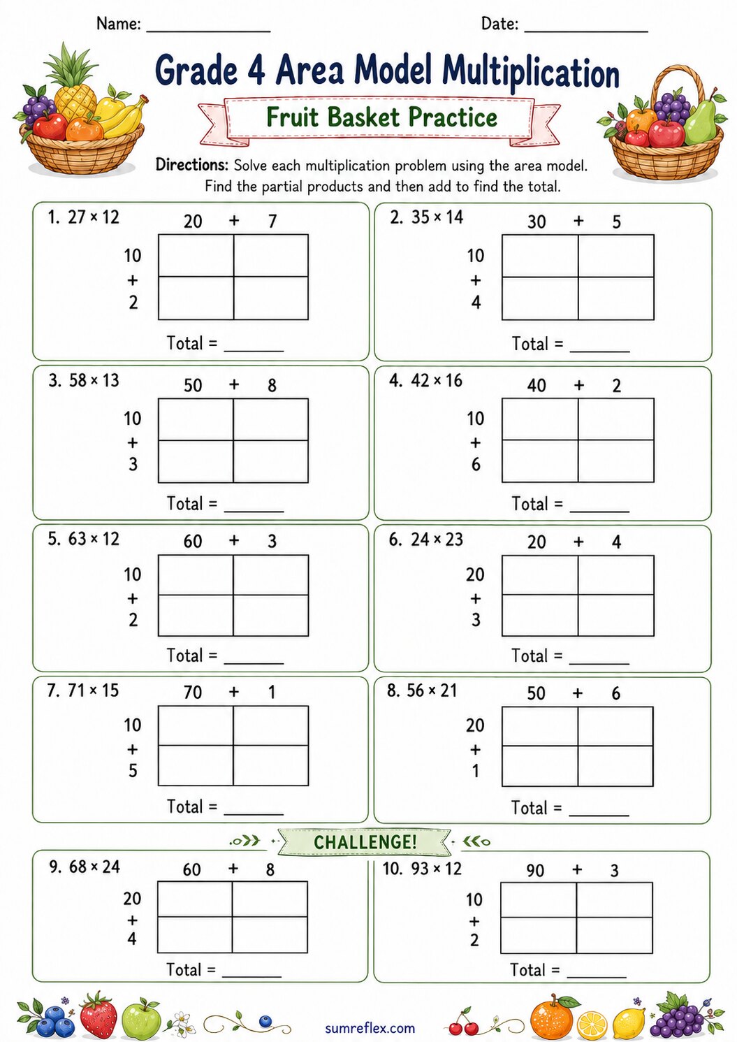 Fruit basket area model multiplication worksheet for Grade 4 with product boxes