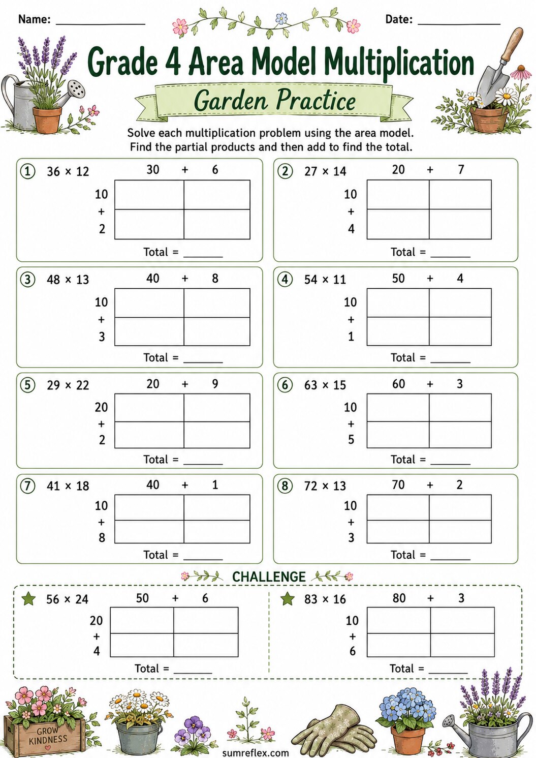 Garden area model multiplication worksheet for Grade 4 with split factors