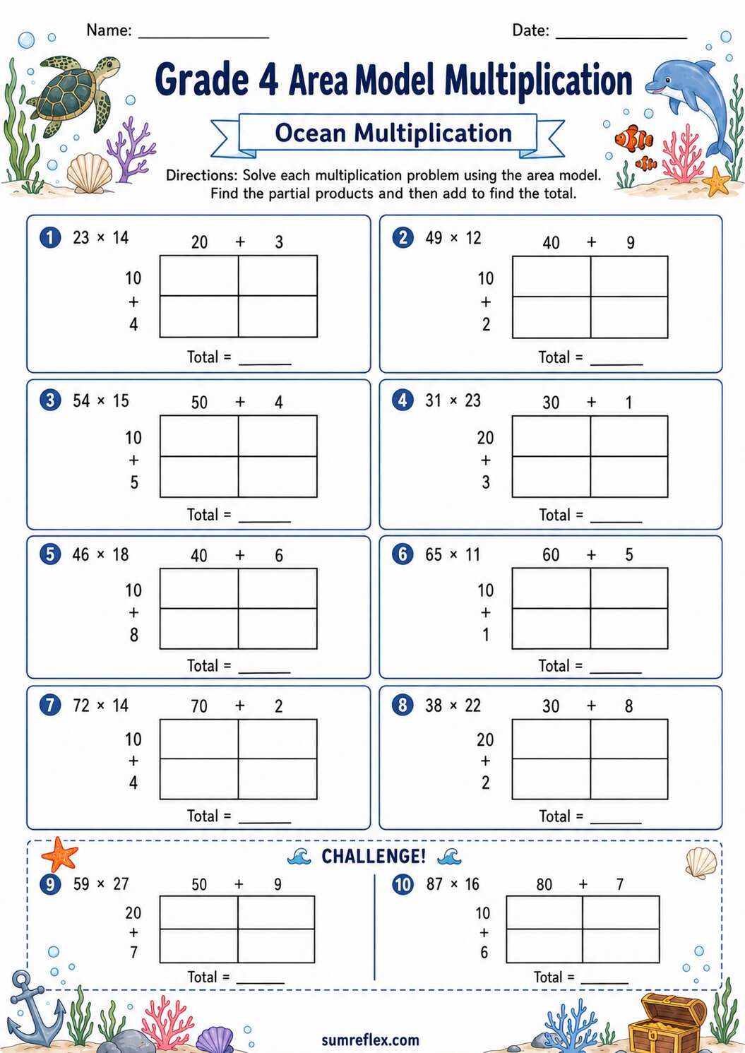 Grade 4 ocean area model multiplication worksheet with partial products