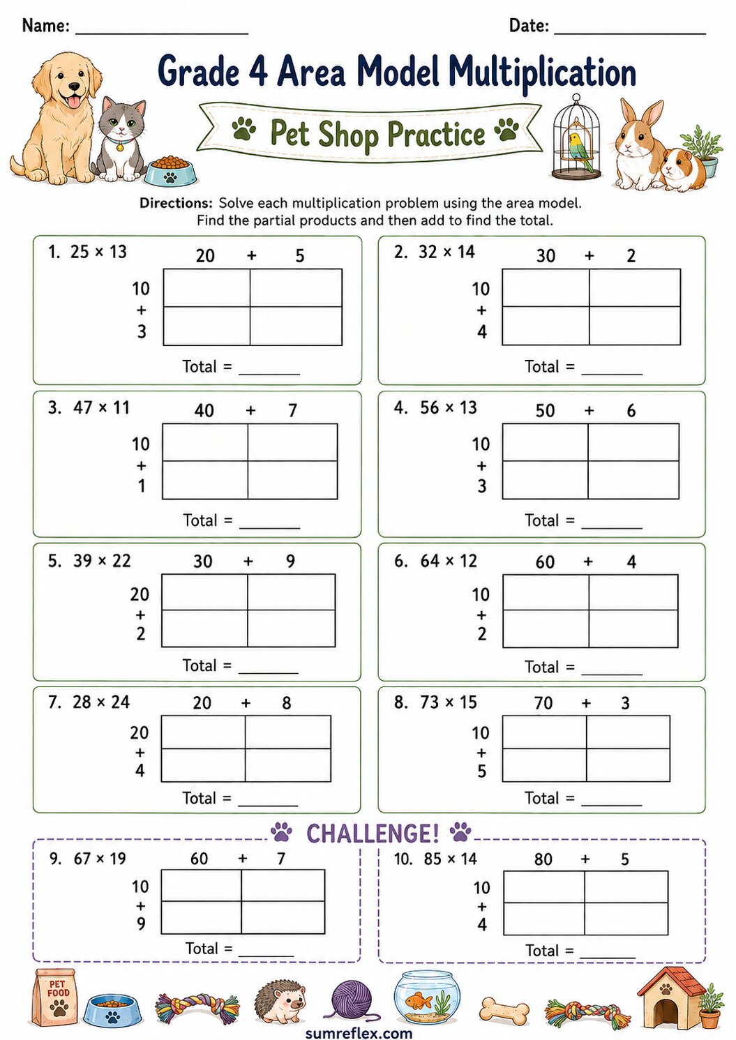 Grade 4 pet shop area model multiplication worksheet with 2 by 2 grids