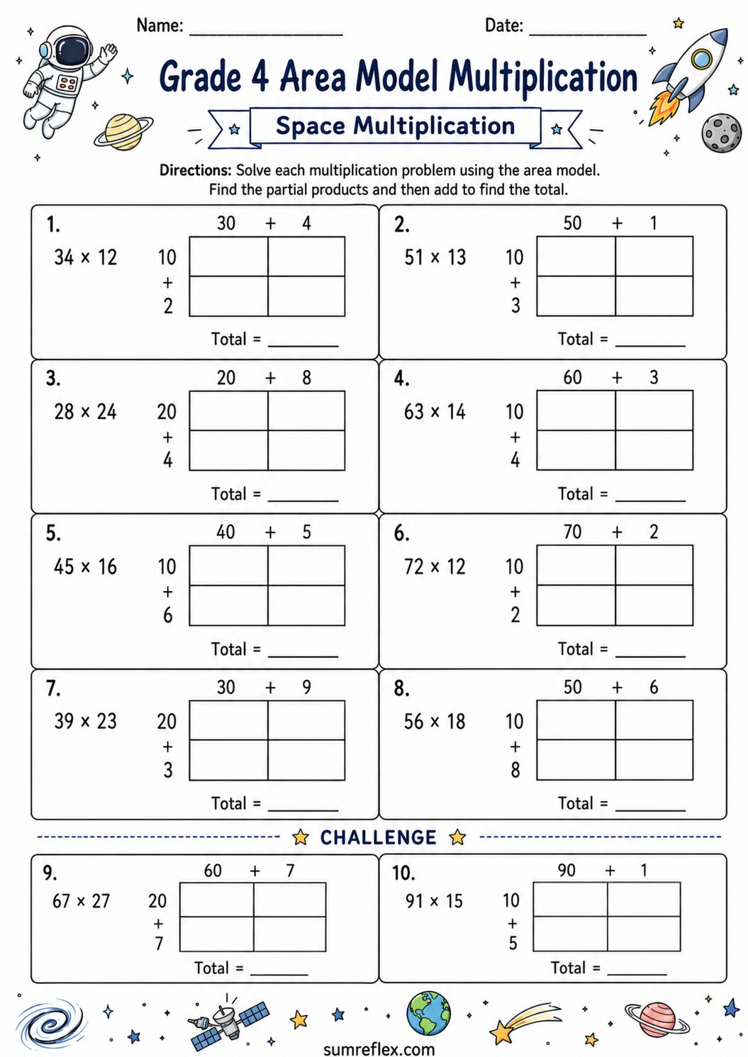 Grade 4 space area model multiplication worksheet with rockets and partial-product boxes