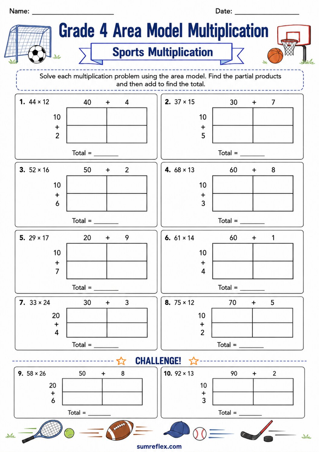 Sports area model multiplication worksheet for Grade 4 with place-value rectangles