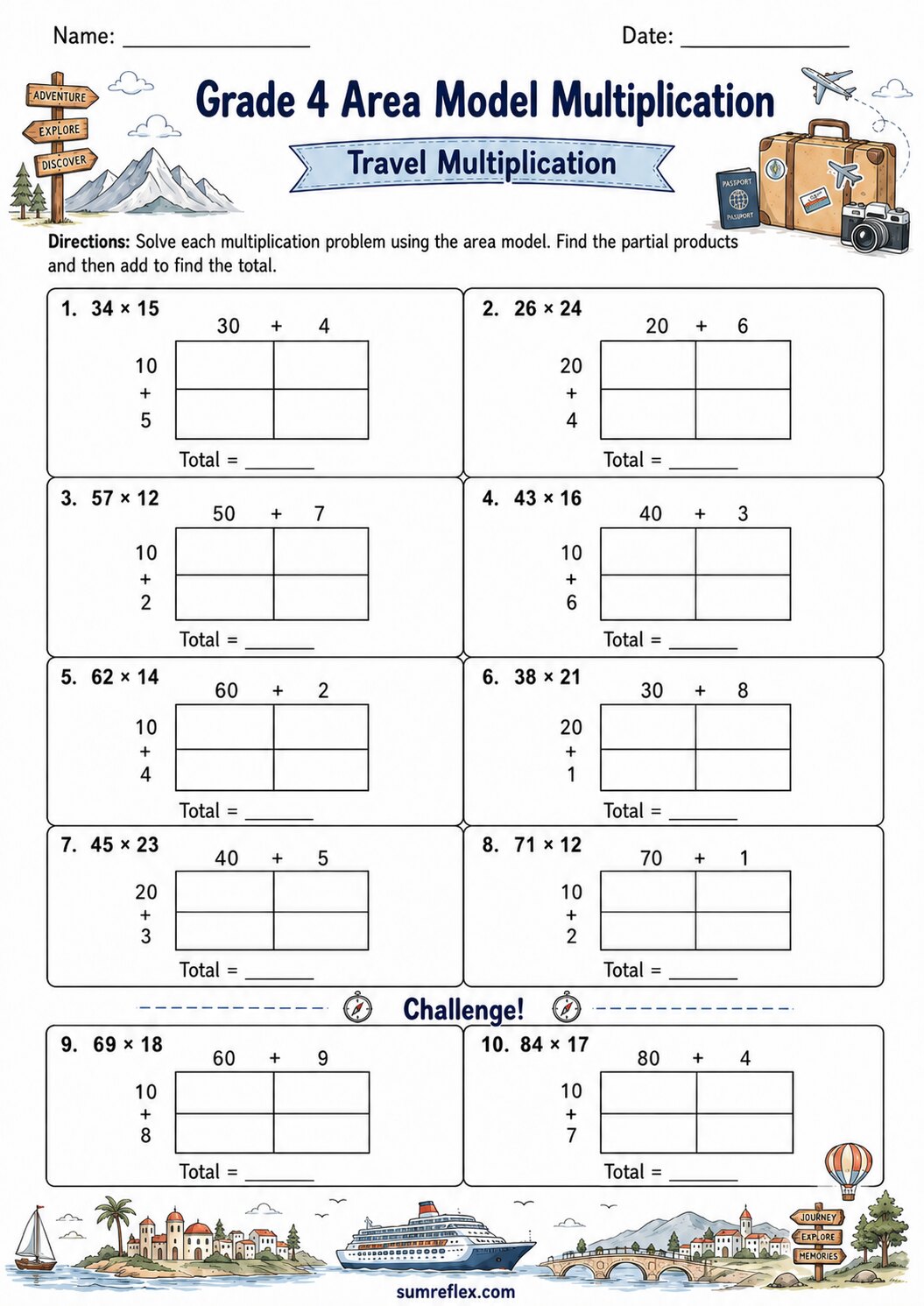 Grade 4 travel area model multiplication worksheet with rectangular product boxes