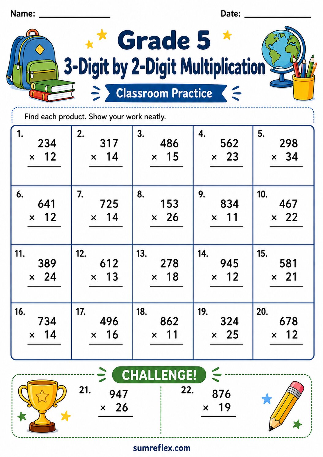Grade 5 3-digit by 2-digit multiplication worksheet with vertical problems and challenge questions
