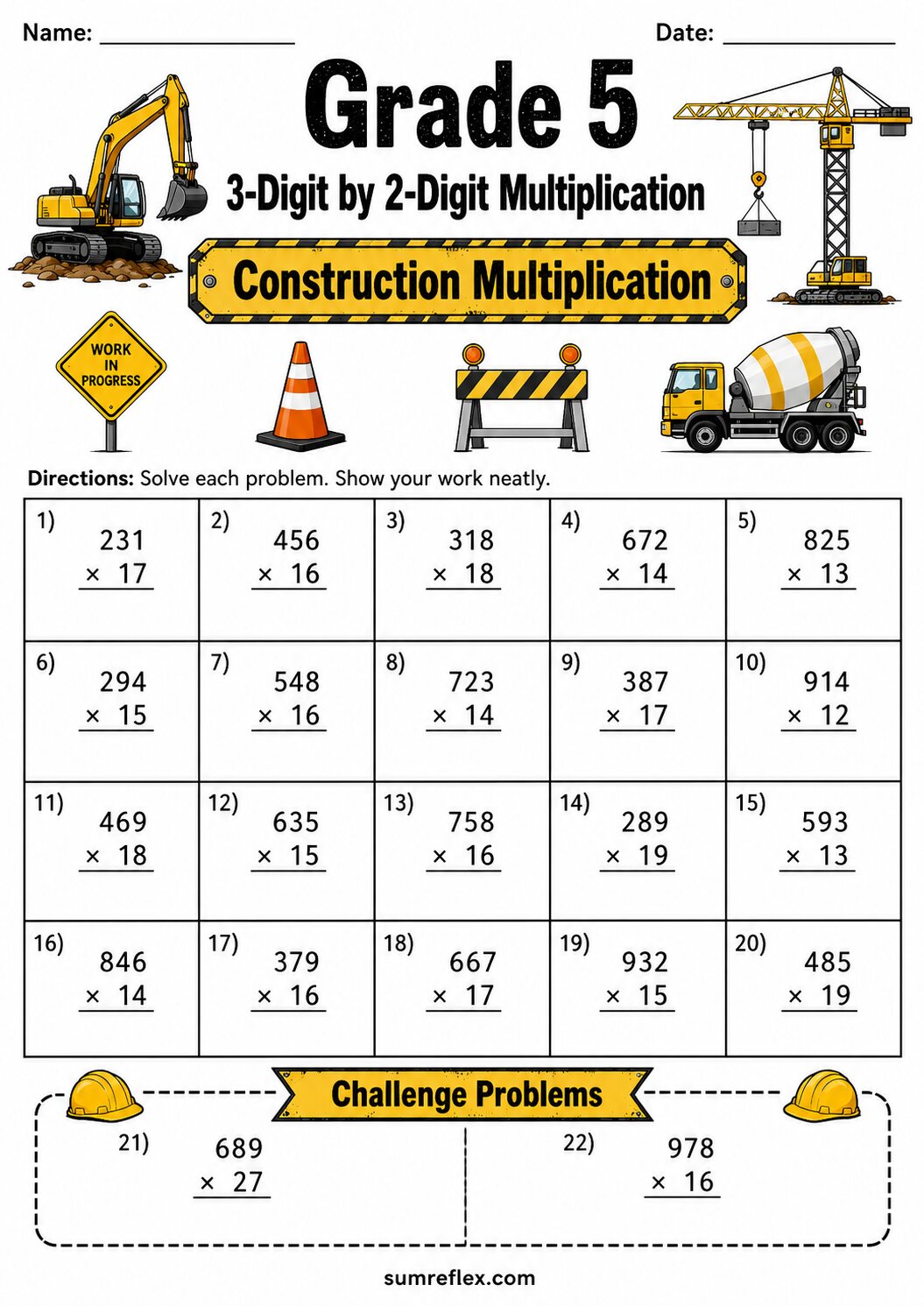 Construction themed Grade 5 worksheet for 3-digit by 2-digit multiplication