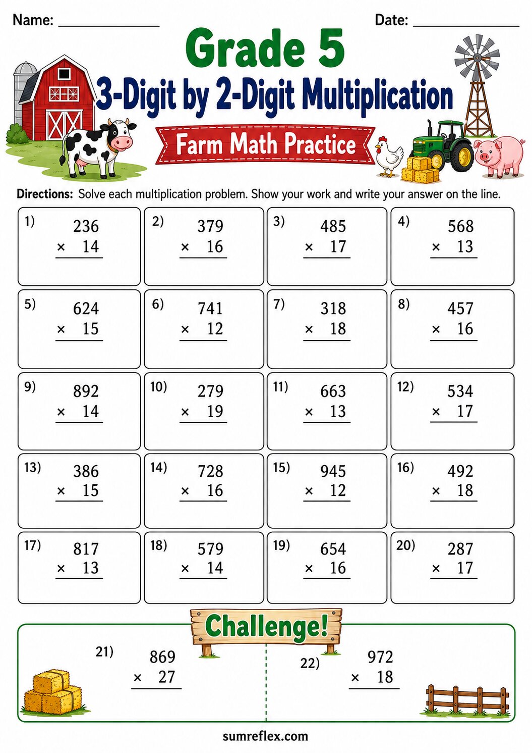 Farm themed Grade 5 worksheet with 3-digit by 2-digit multiplication problems