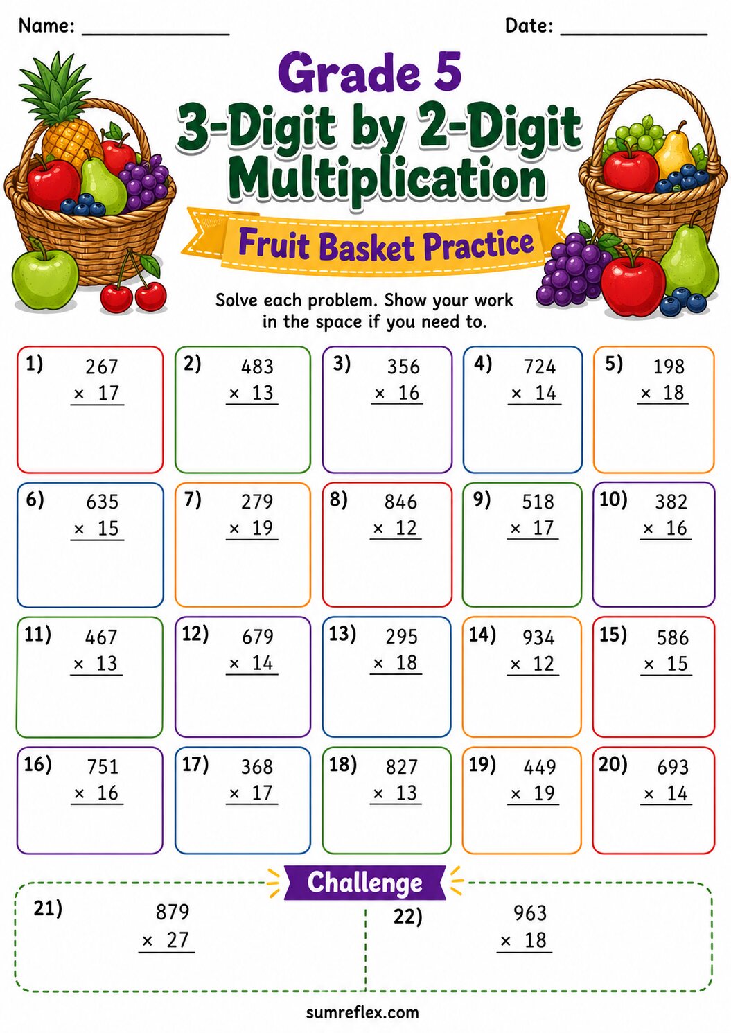 Fruit basket Grade 5 3-digit by 2-digit multiplication worksheet with answer spaces