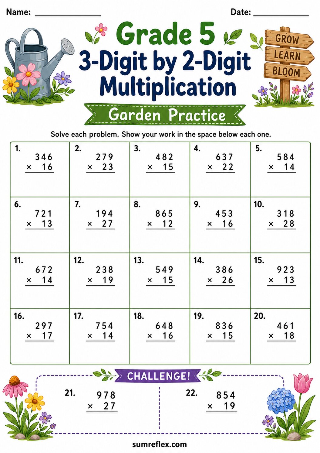 Garden themed Grade 5 3-digit by 2-digit multiplication worksheet