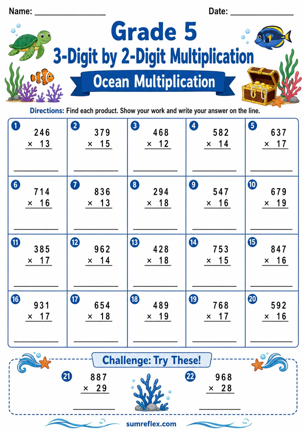 Ocean themed 3-digit by 2-digit multiplication worksheet for Grade 5