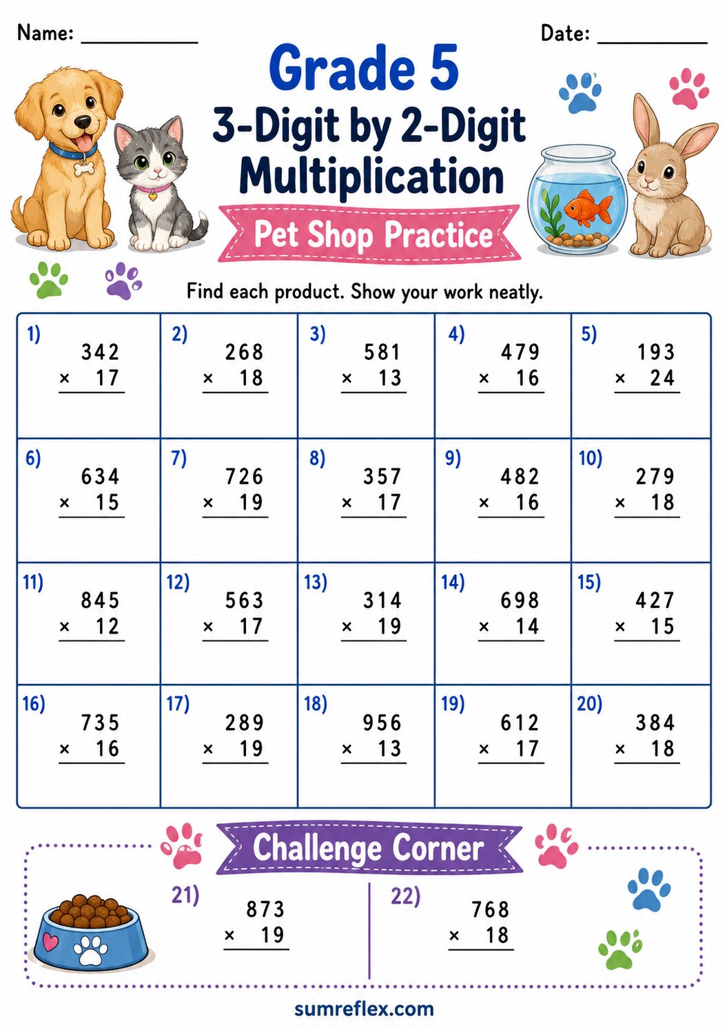 Pet shop themed Grade 5 3-digit by 2-digit multiplication worksheet