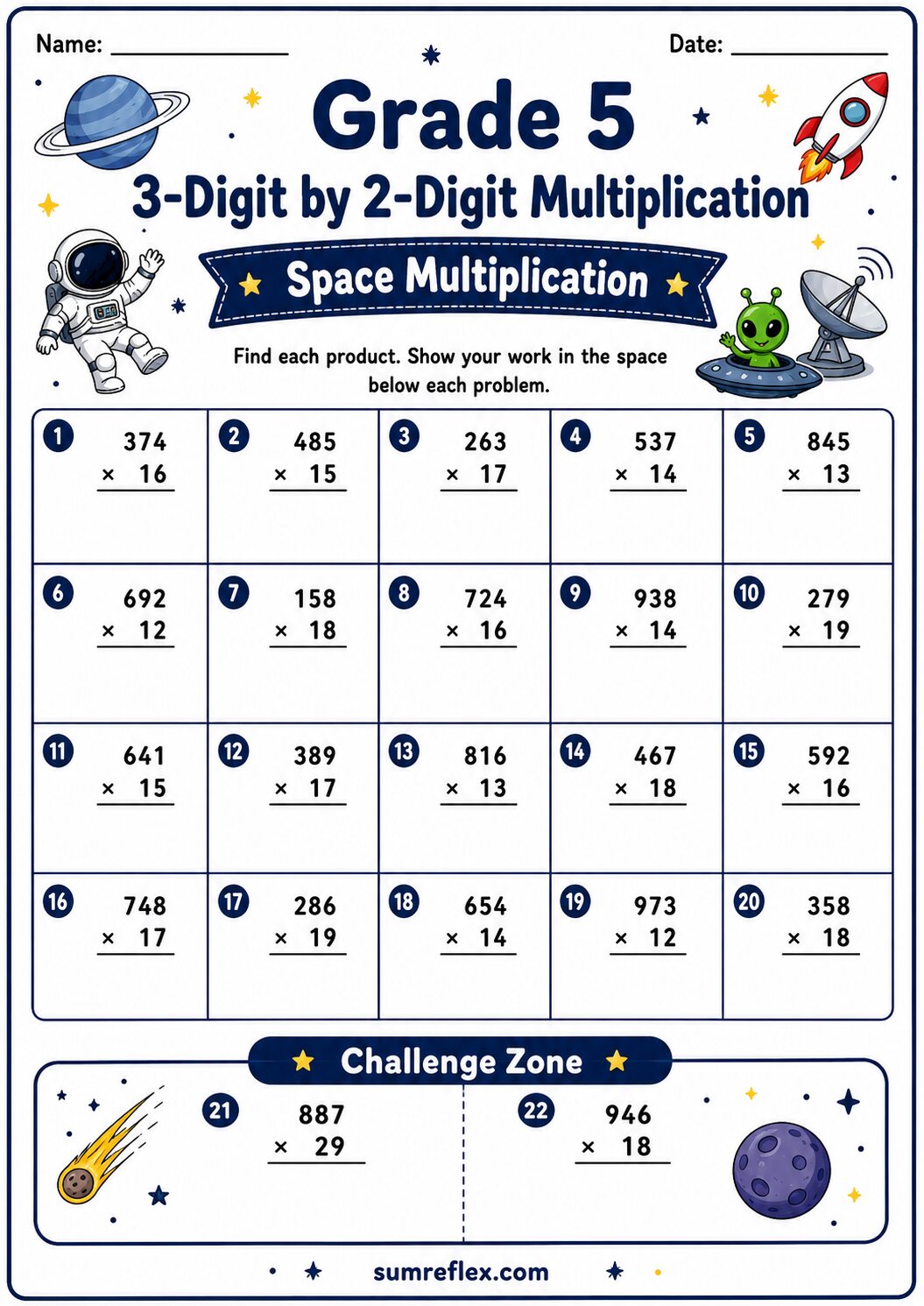 Space themed Grade 5 3-digit by 2-digit multiplication worksheet
