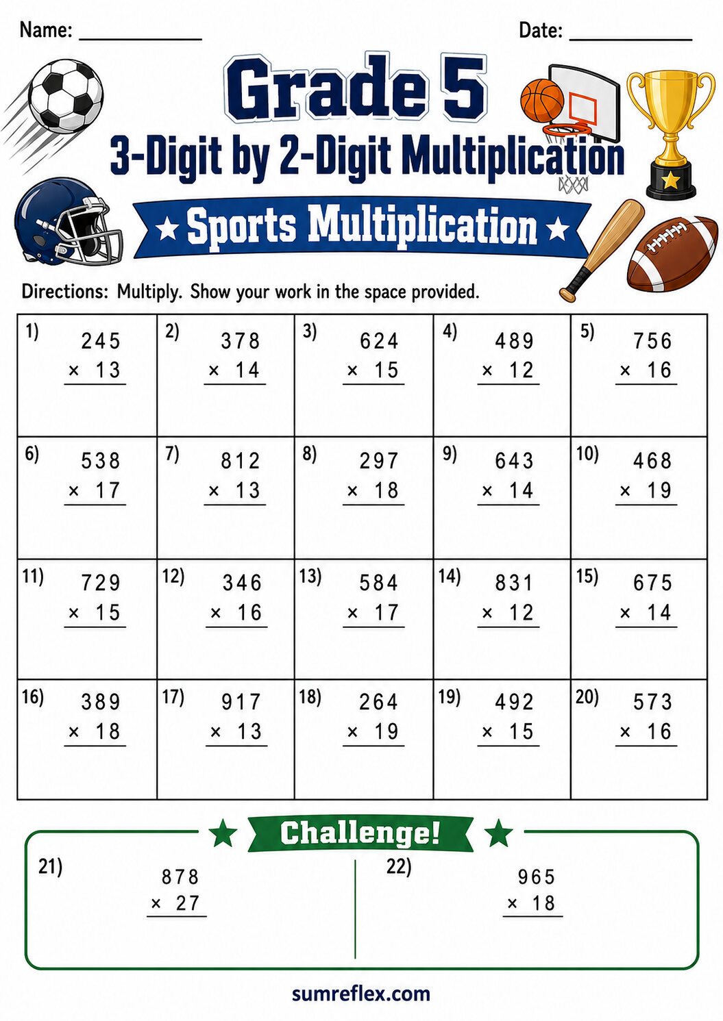 Sports themed Grade 5 worksheet with 3-digit by 2-digit vertical multiplication
