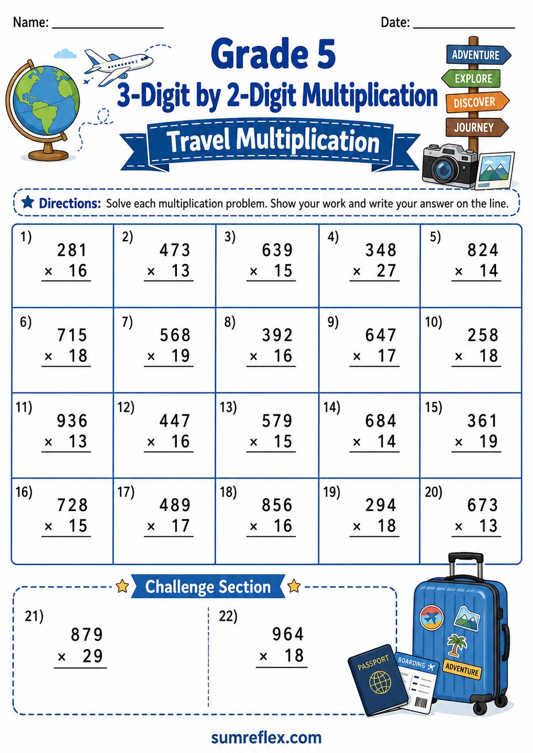 Travel Grade 5 worksheet for multiplying 3-digit numbers by 2-digit numbers