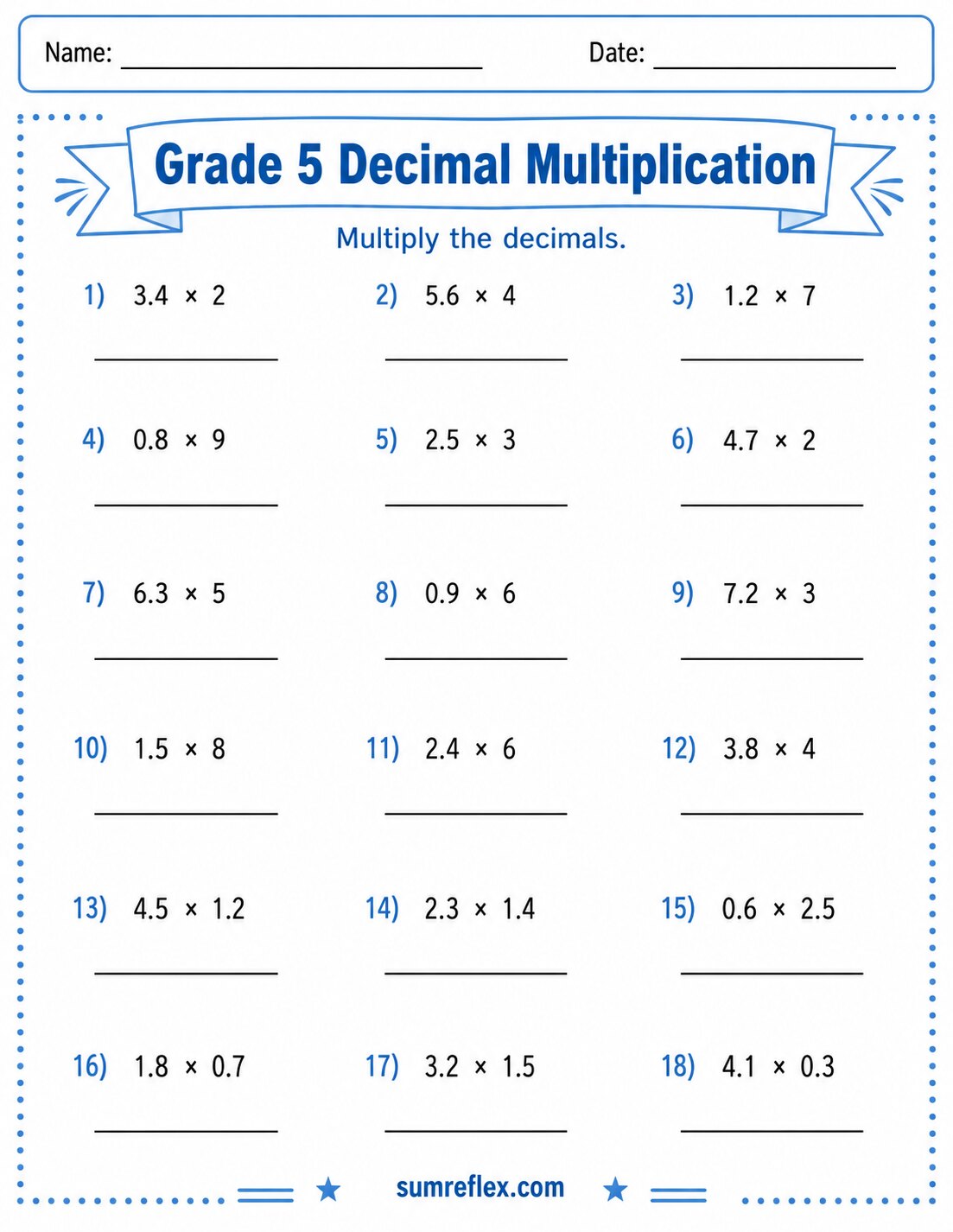 Grade 5 decimal multiplication worksheet with decimal factors and product answer lines