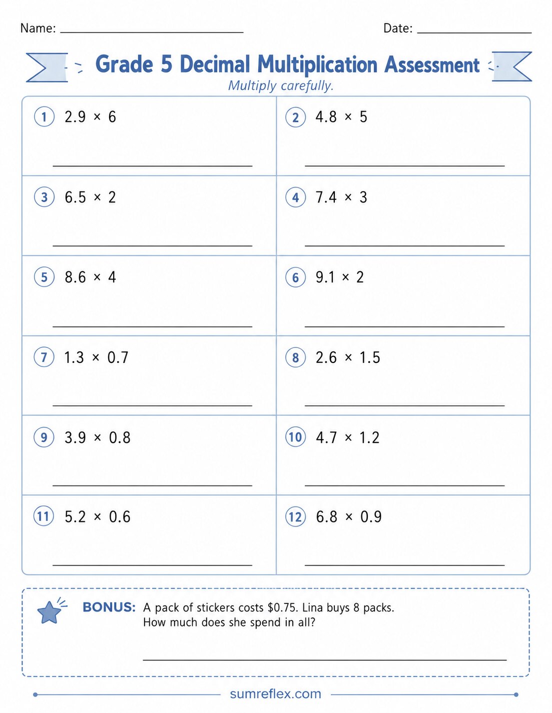 Grade 5 decimal multiplication assessment worksheet with mixed decimal problems and bonus prompt