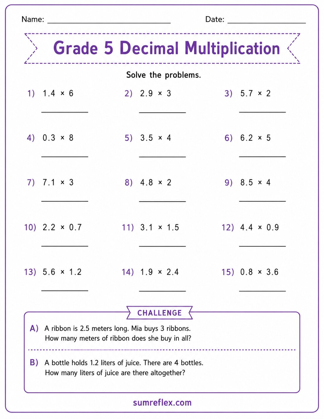 Grade 5 decimal multiplication challenge worksheet with reasoning prompts and answer spaces