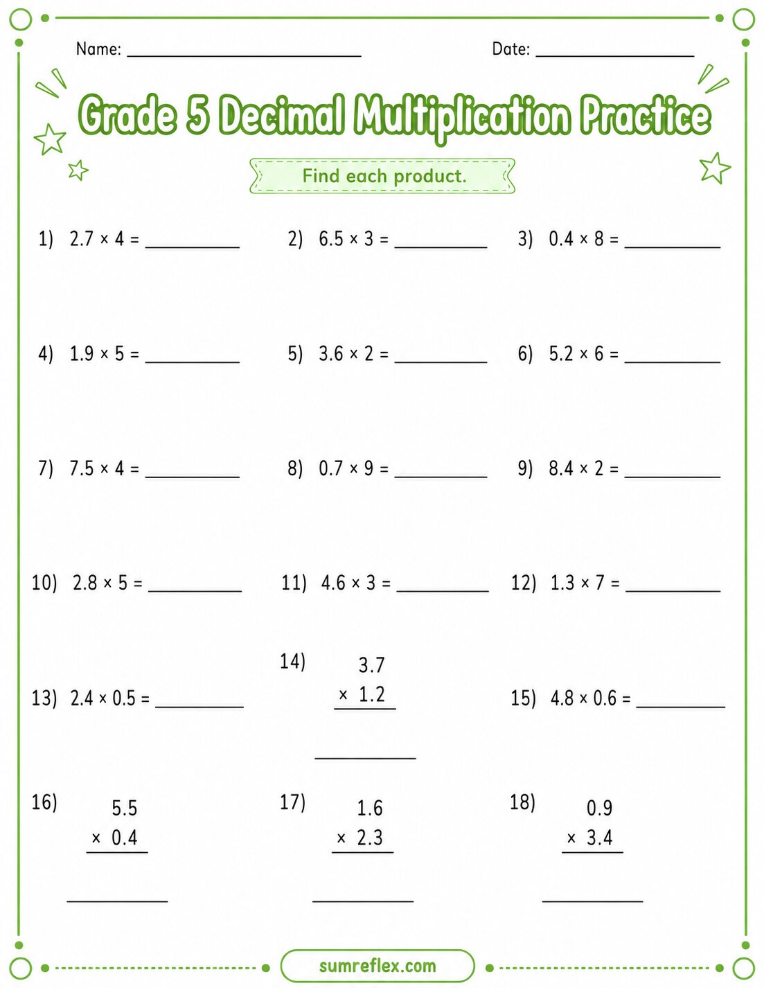 Grade 5 decimal multiplication practice worksheet with mixed decimal products