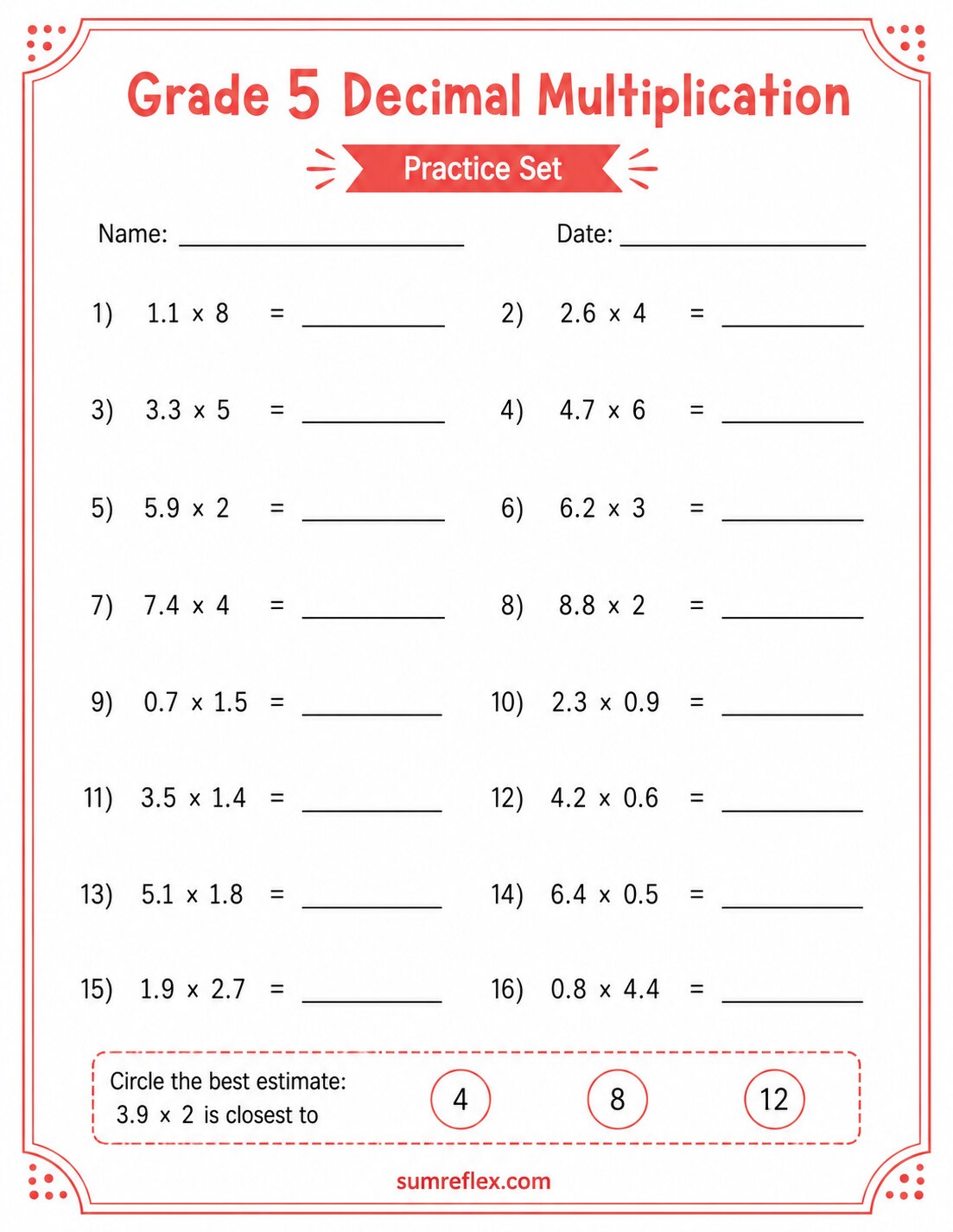 Grade 5 decimal multiplication practice set worksheet with estimate check