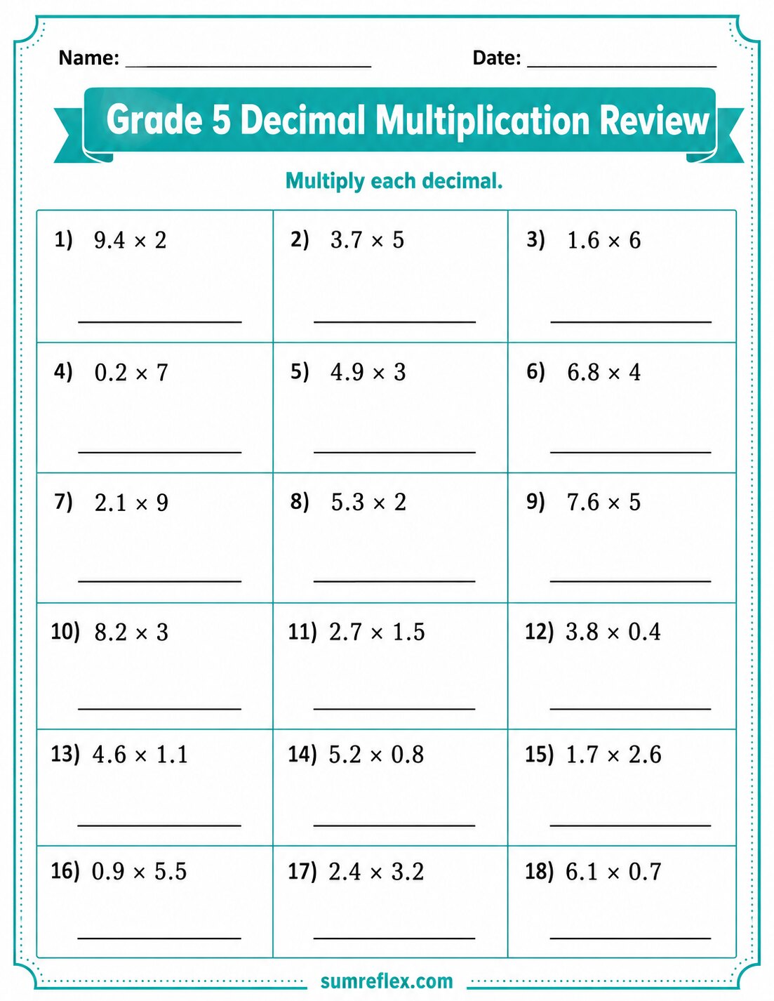 Grade 5 decimal multiplication review worksheet with tenths and hundredths problems