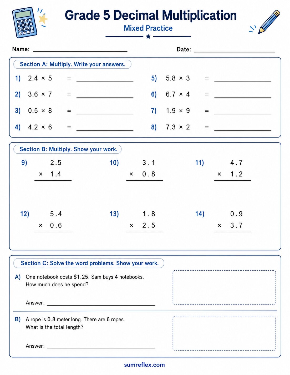 Grade 5 mixed decimal multiplication worksheet with products and word problems