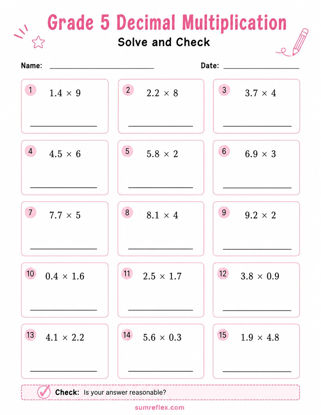 Grade 5 solve and check decimal multiplication worksheet with boxed decimal problems