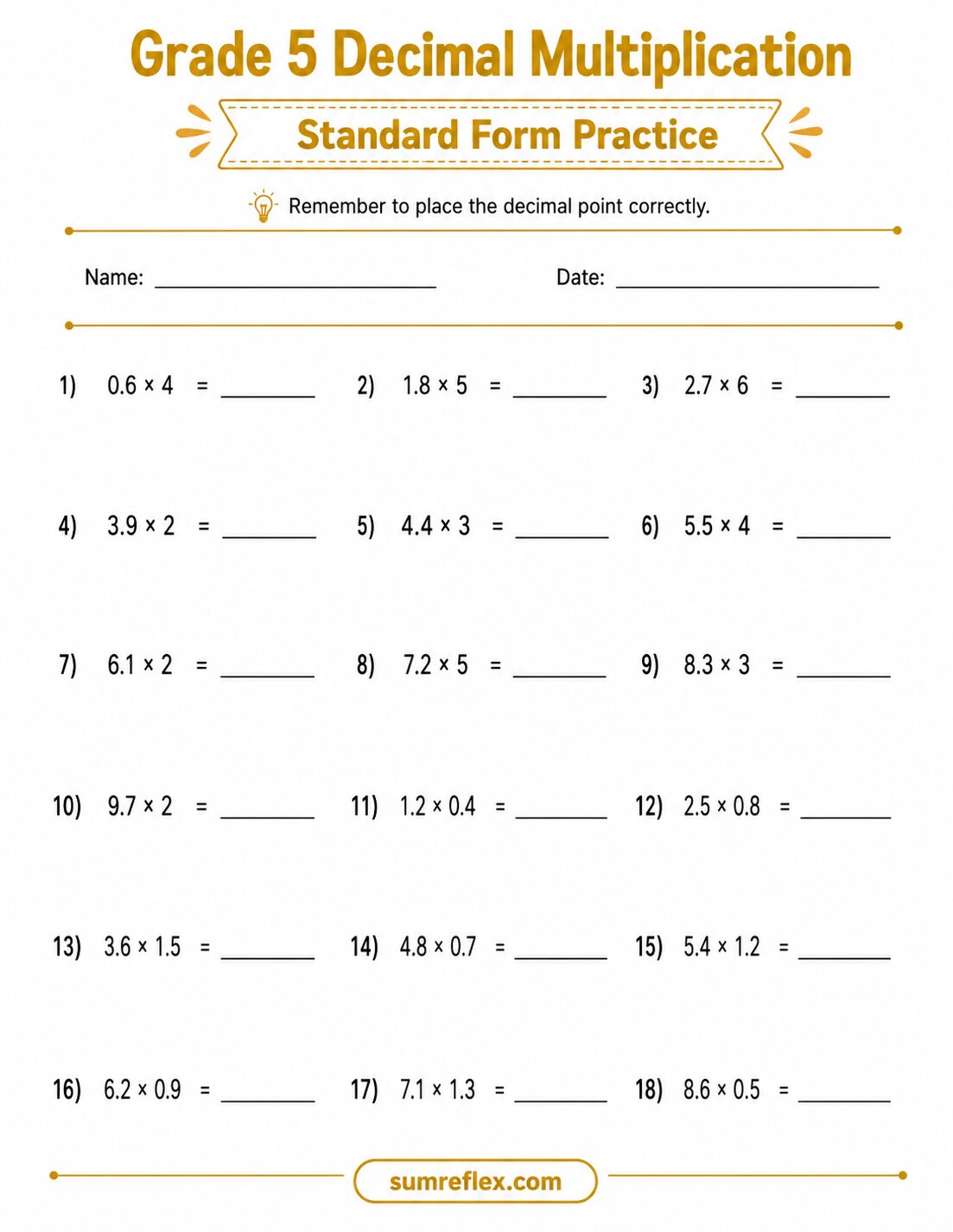 Grade 5 standard form decimal multiplication worksheet with product answer lines