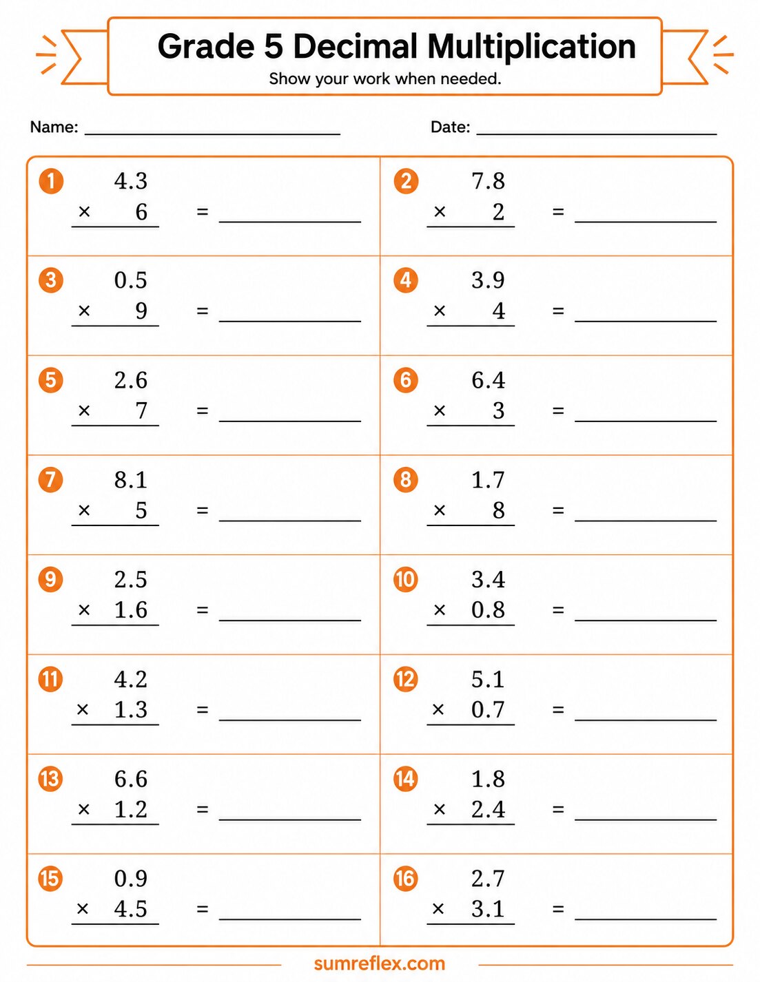 Vertical Grade 5 decimal multiplication worksheet with stacked decimal problems