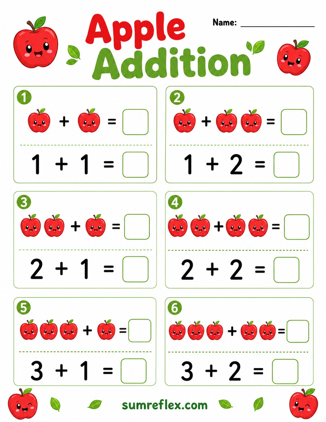 Apple addition worksheet for preschool with fruit pictures and small sums